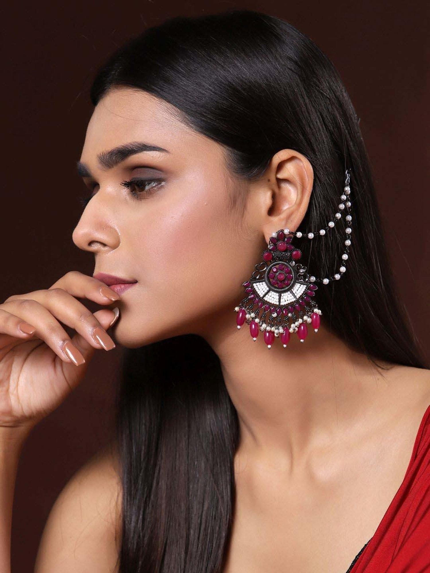 Panash Oxidised Silver-Toned & Pink Crescent Shaped Dangler Earrings