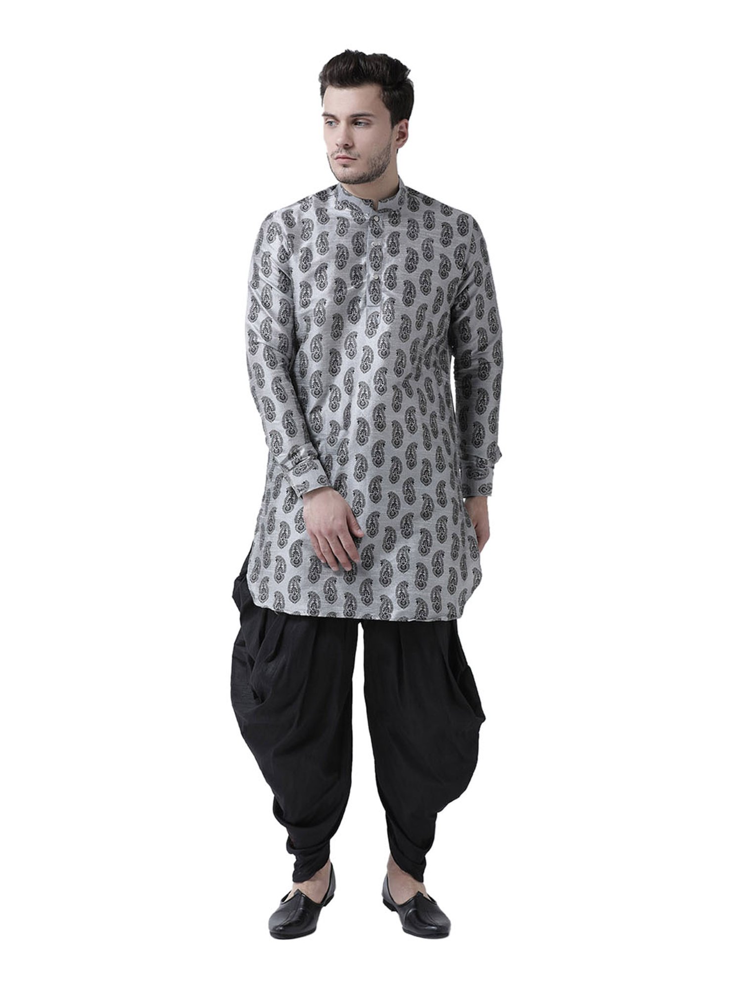 Deyann Light Grey Printed Mandarin Collar Silk Kurta Set