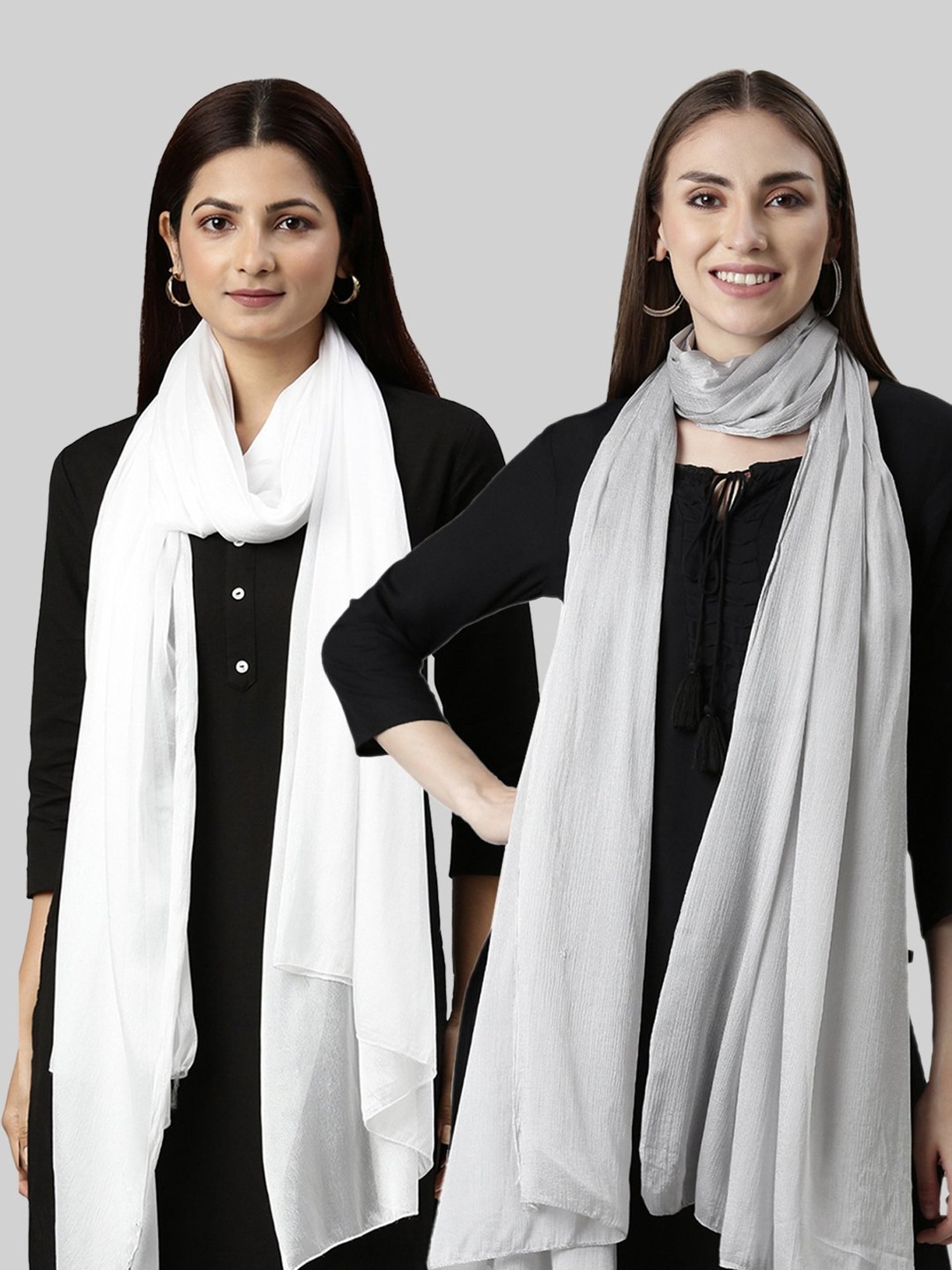 TWIN BIRDS White & Silver Plain Dupatta - Pack Of 2