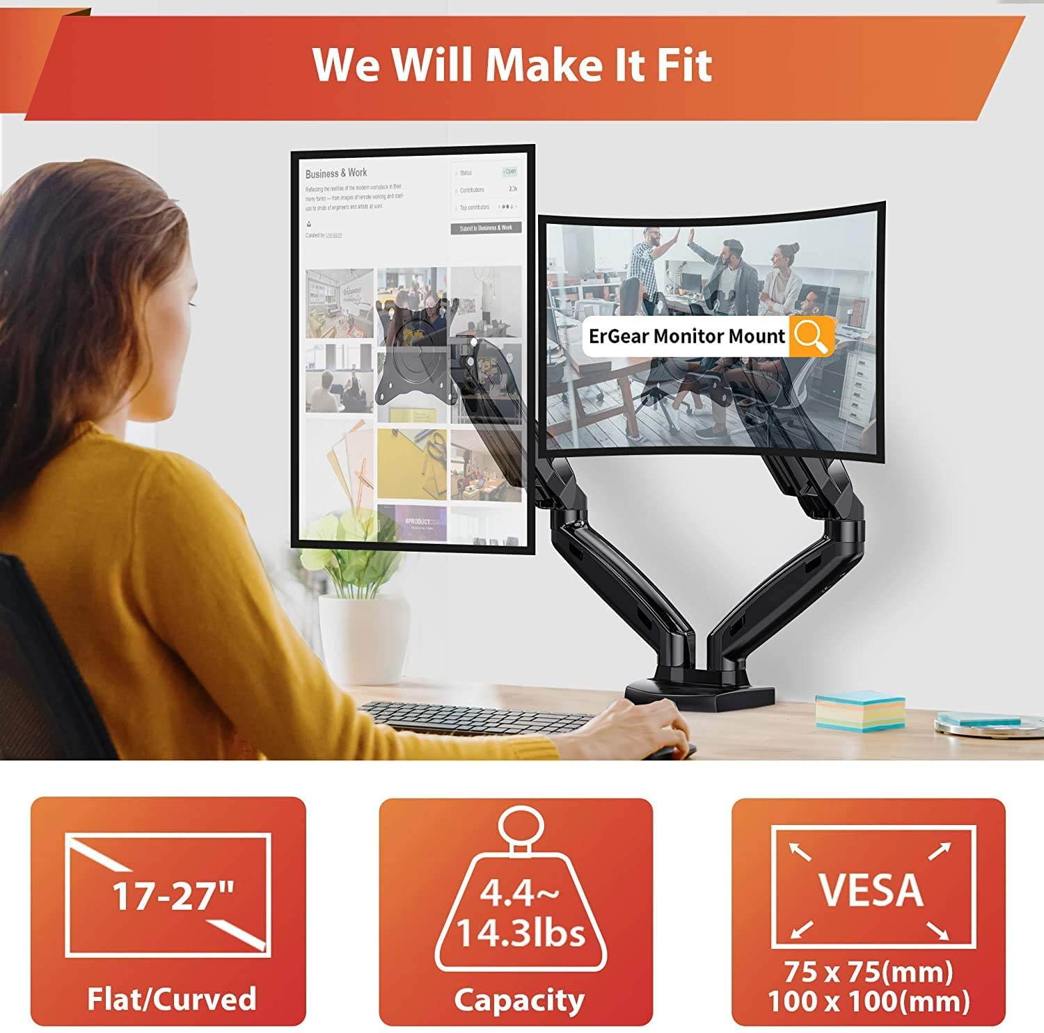 Dual Arm Monitor Desk Mount Stand, Adjustable Gas Spring, Swivel VESA Mount with C Clamp Grommet Mounting For Most 17-27 Inch Flat Curved Computer Screens up to 14.3lbs