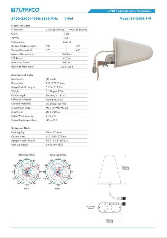 WiFi Yagi Antenna - Tupavco DB541 - Dual Band (2.4GHz) and (5GHz/5.8GHz) 9dBi - Medium Range Directional Wireless LAN Network Antenna