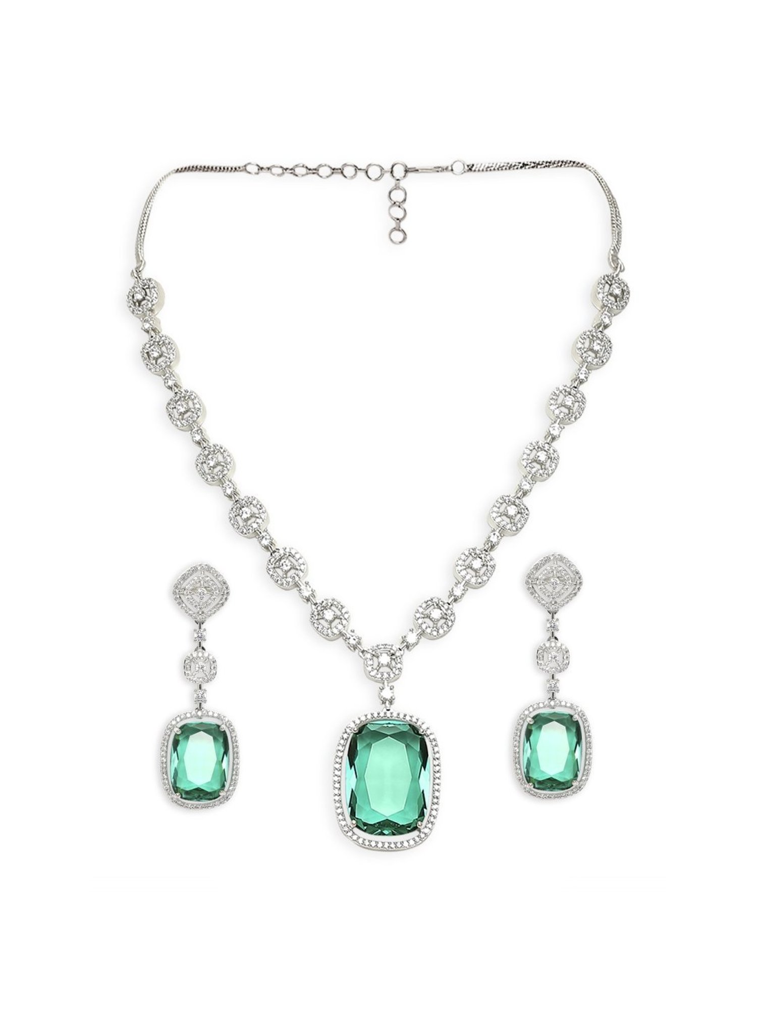 OOMPH Green American Diamond Large Rectangle Drop Pendant Necklace Set with Earrings