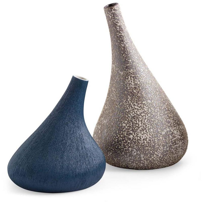 VivaTerra Handcrafted Japandi-Style Porcelain Clay Organic-Shaped Vases, Set of 2 - Navy/ Brown Patterned