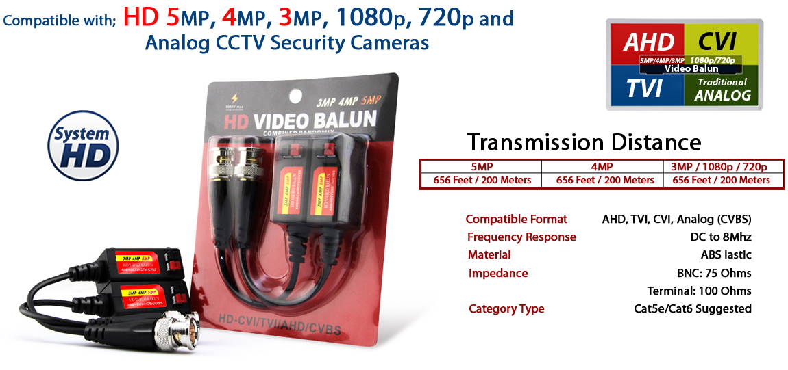 Evertech 4 Pairs Split Joint Mini CCTV BNC HD-CVI/TVI/AHD Passive Video Balun Transceiver