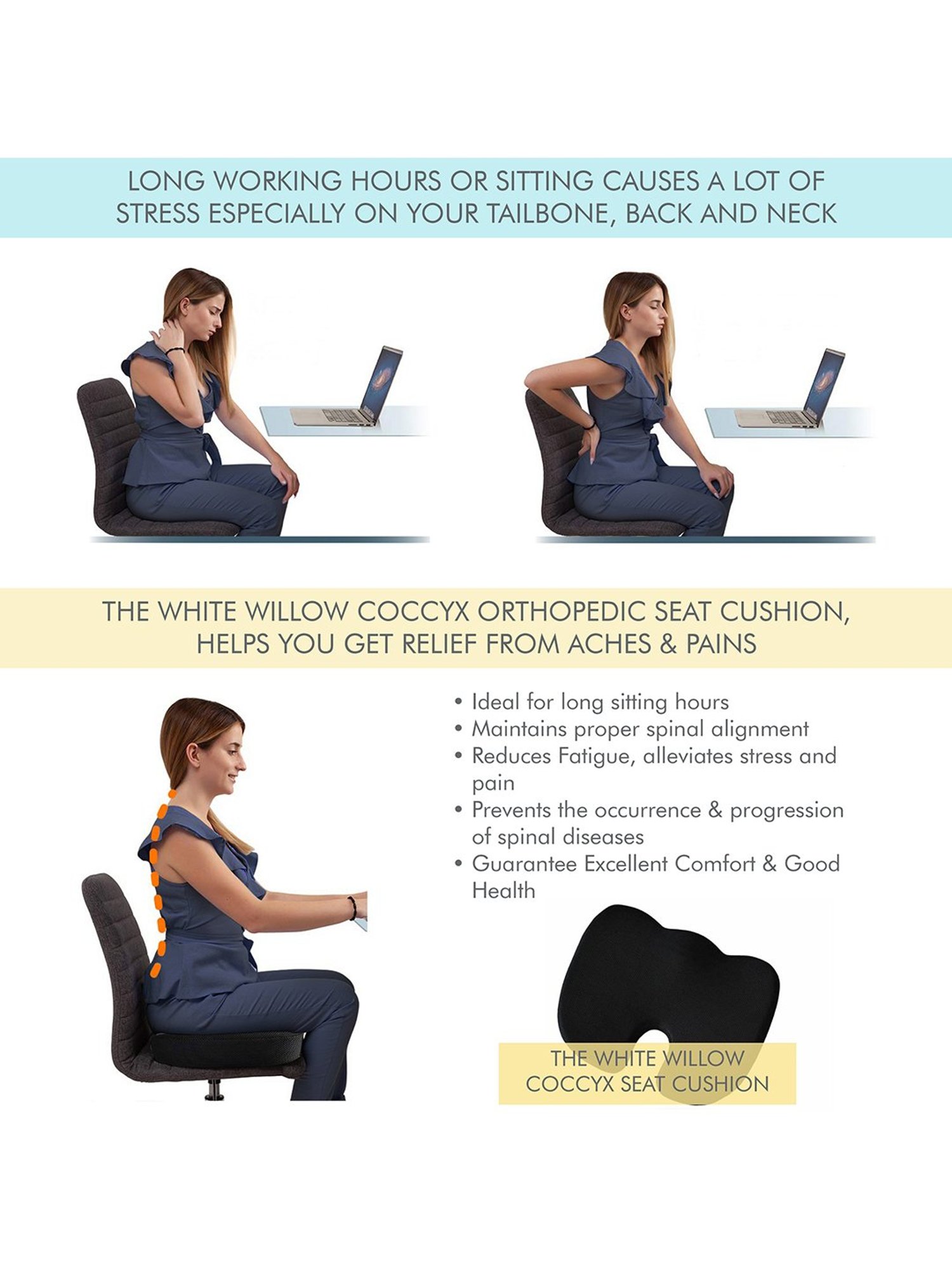 The White Willow Black Coccyx Orthopedic Hard Grade Foam Seat Cushion - Set of 1