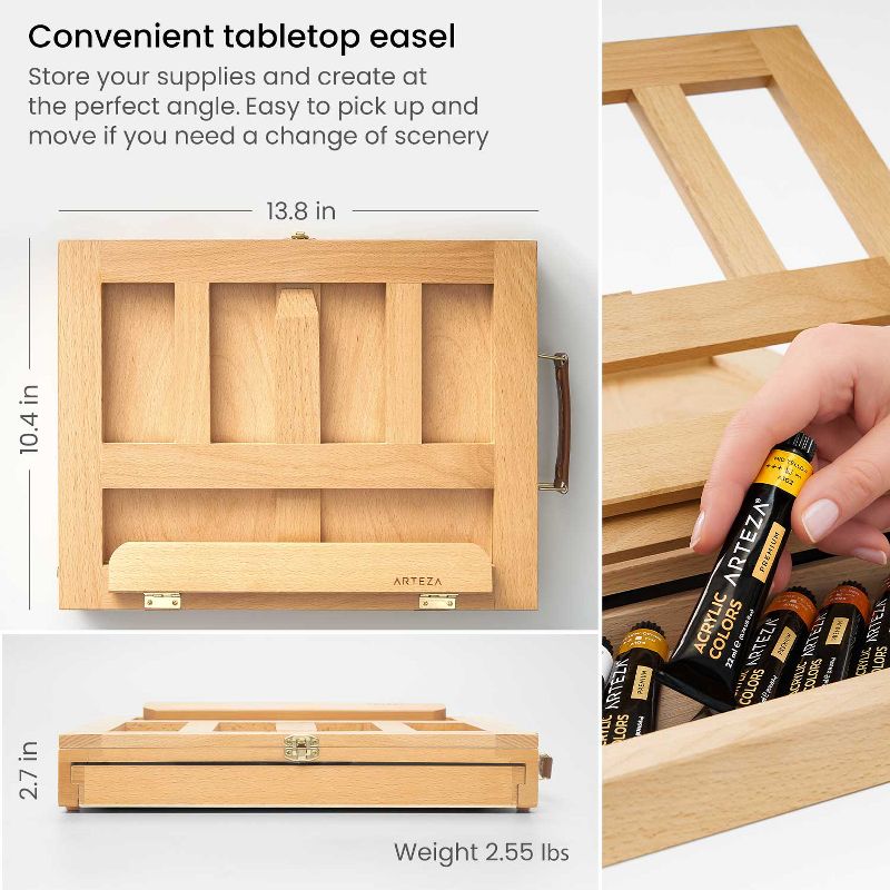 Arteza Essentials Tabletop Easel Art Set with Acrylic Paint, Brushes, Paper, Canvas Pads & Paper (ARTZ-9521)
