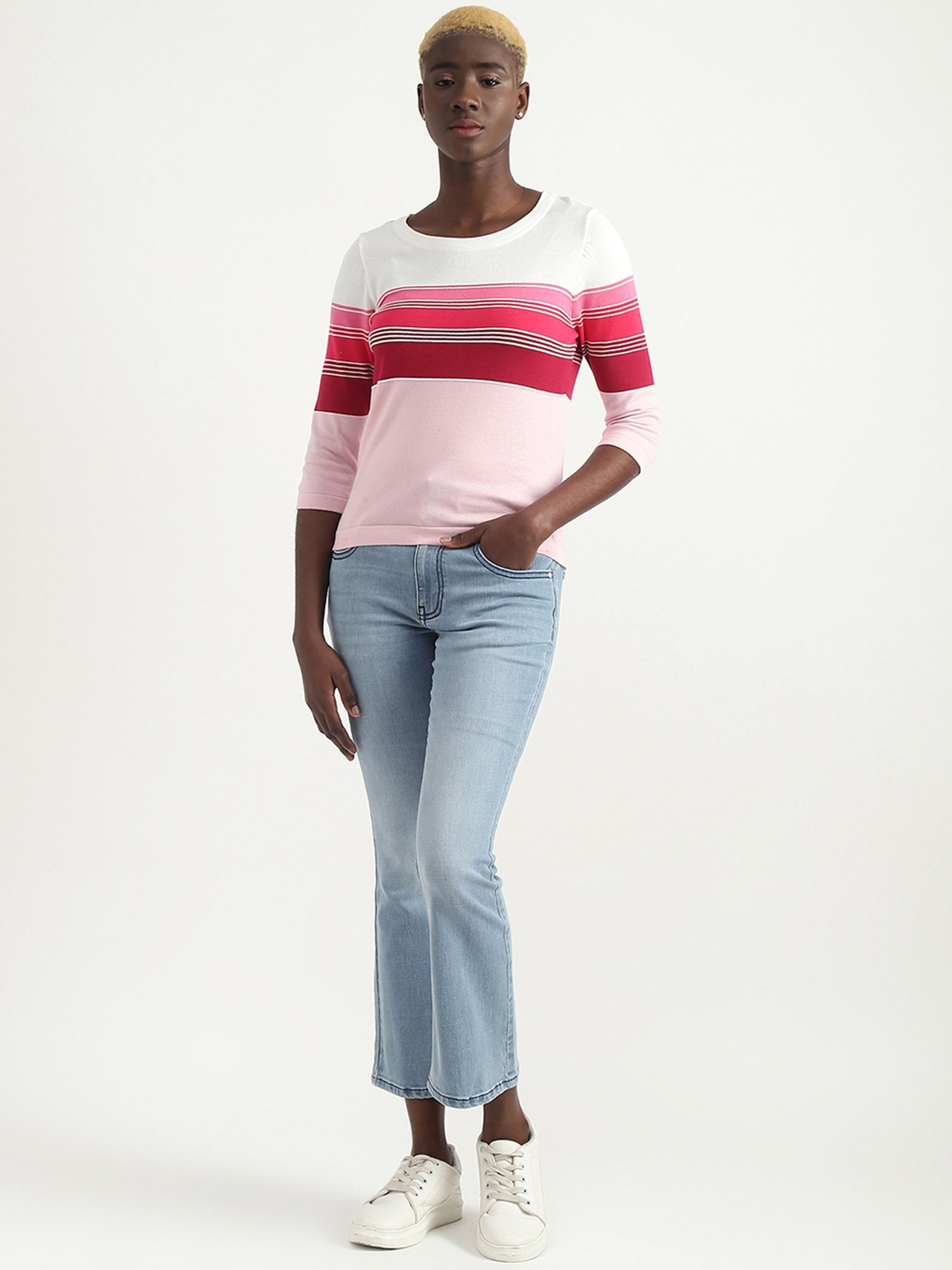 United Colors of Benetton White & Pink Cotton Striped Top