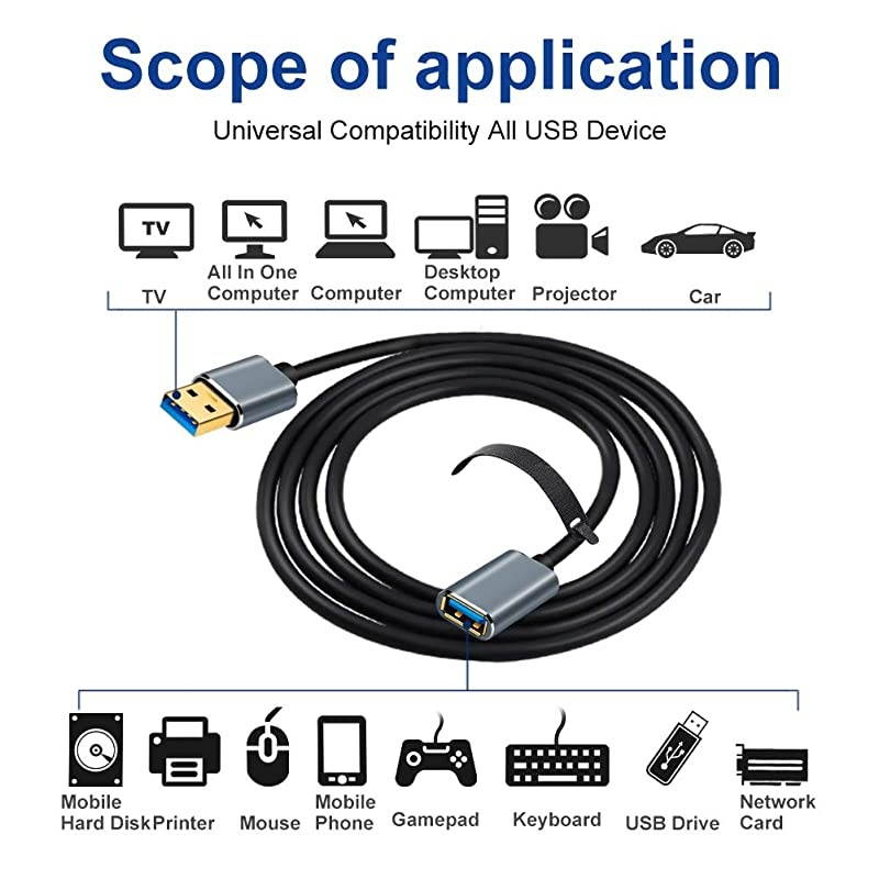 USB 3.0 Extension Cable 12ft, Aluminum Alloy USB Cable SuperSpeed USB 3.0 Type A Male to Female Extension Cord for Printer,Playstation, Xbox,USB Flash Drive,Card Reader, Hard Drive, Keyboard