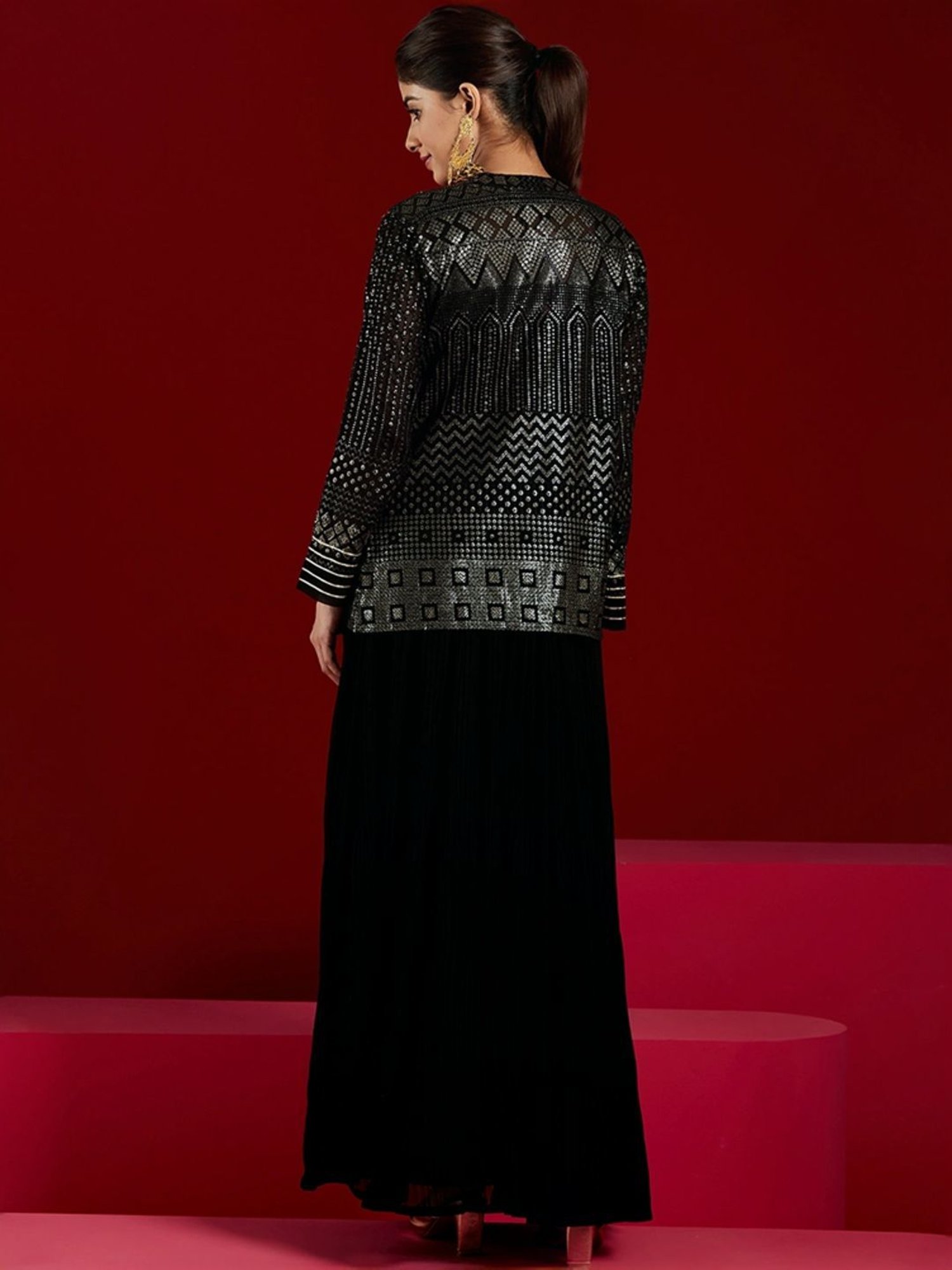 Libas Art Black Embellished Maxi Dress With Jacket