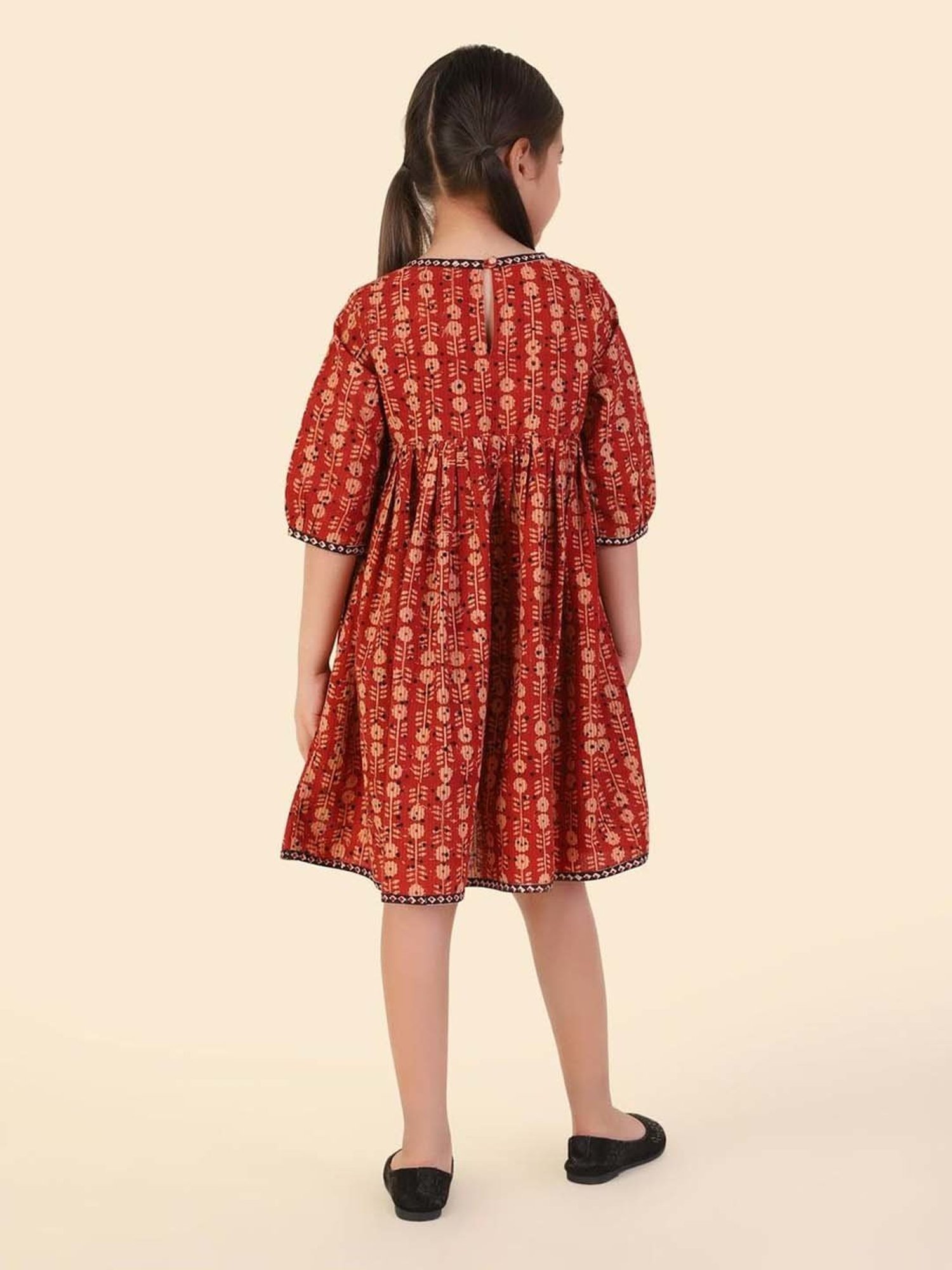 Fabindia Kids Red Cotton Printed Dress