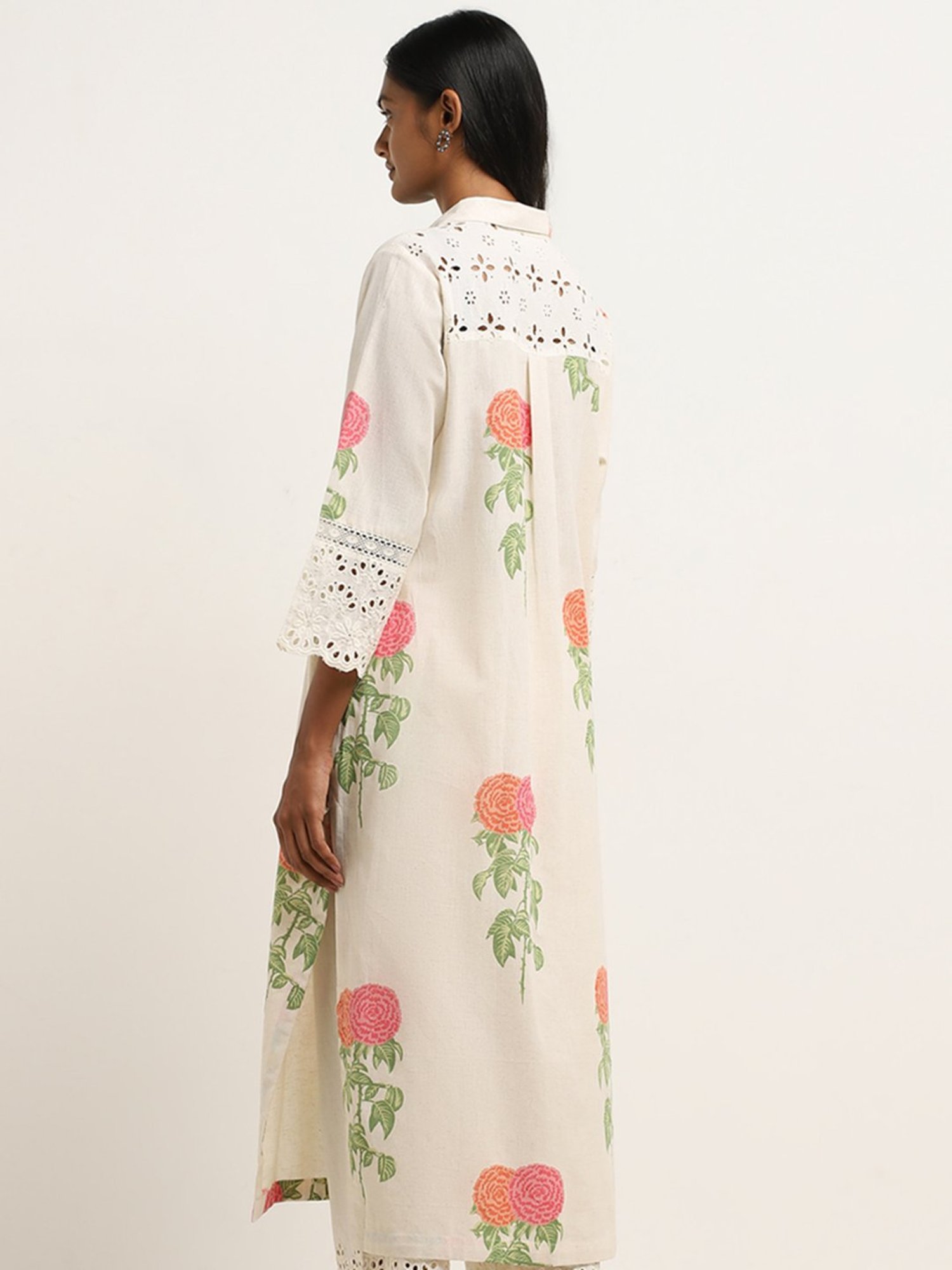 Utsa by Westside Pink Floral Pattern A-Line Cotton Blend Kurta