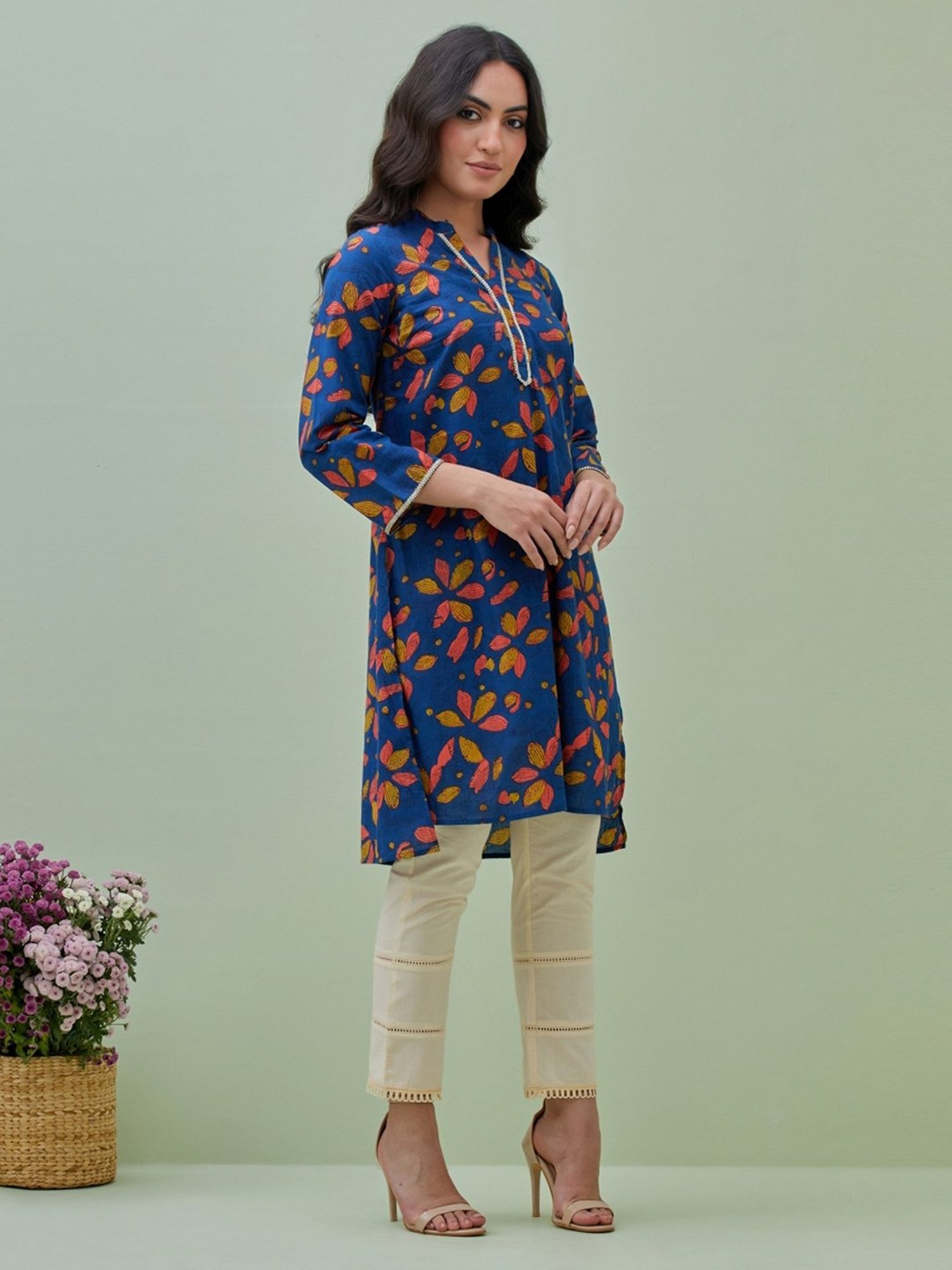 Grass & Sunshine Blue Boho Dreams Block Printed Kurta With Fitted Pants