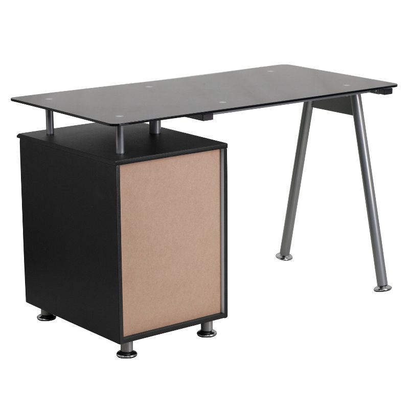 Glass Computer Desk with Three Drawer Pedestal - Black Glass Top/Silver Frame - Riverstone Furniture Collection