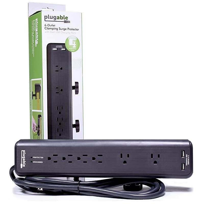 6 AC Outlet Surge Protector with Clamp Mount for Workbench or Desk. Built-in 10.5W 2-Port USB Power for Android, Apple iOS, and Windows Mobile Devices.