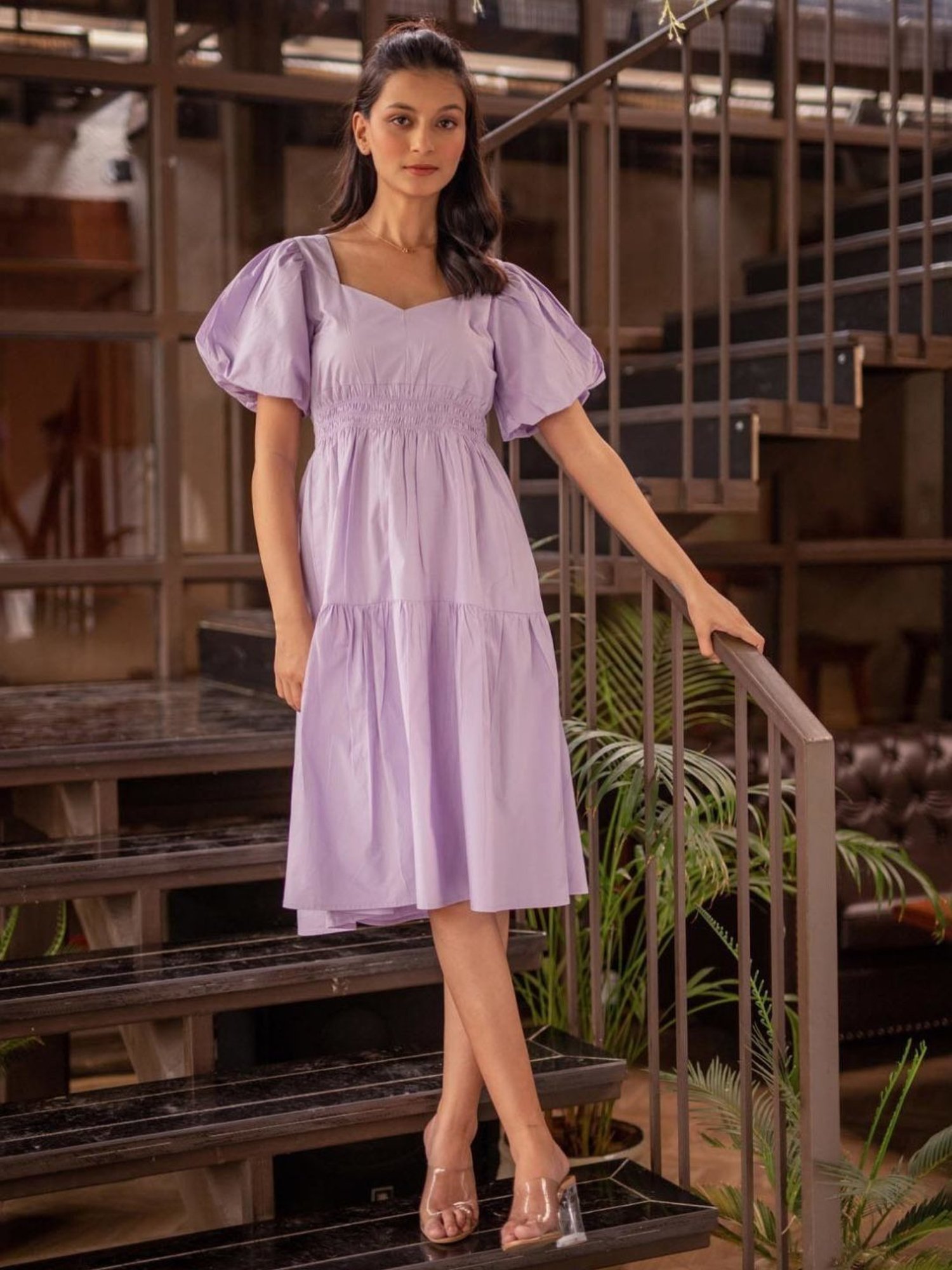 BInfinite Lavender Bishop Sleeve Shirred Waistline Dress