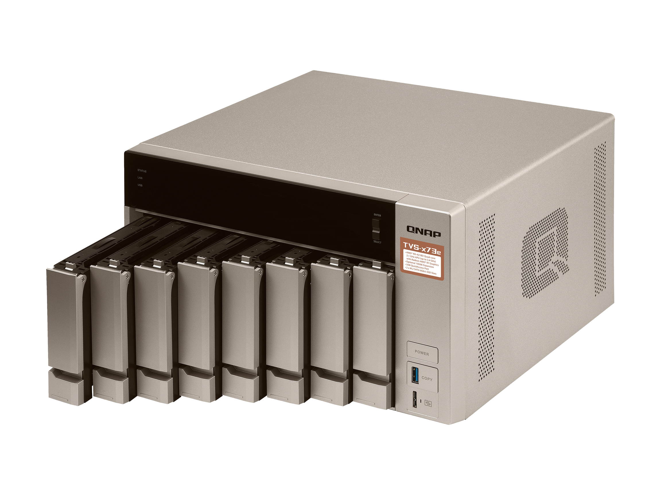 Qnap 8-bay NAS/iSCSI IP-SAN, AMD R series Quad-core 2.1GHz, 8GB RAM, 10G-ready (TVS-873e-8G-US)