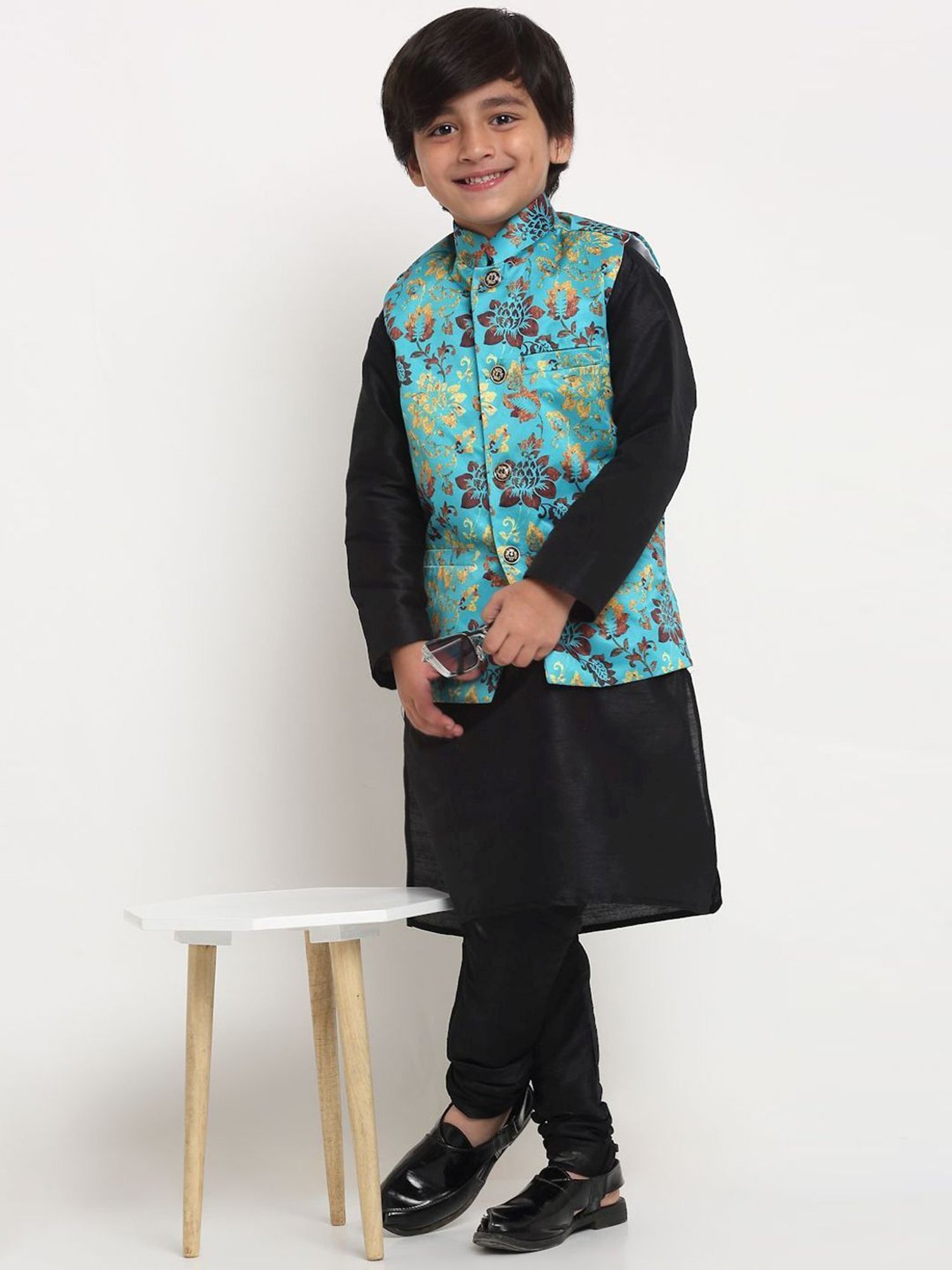 Benstoke Kids Green & Gold Floral Print Nehru Jacket