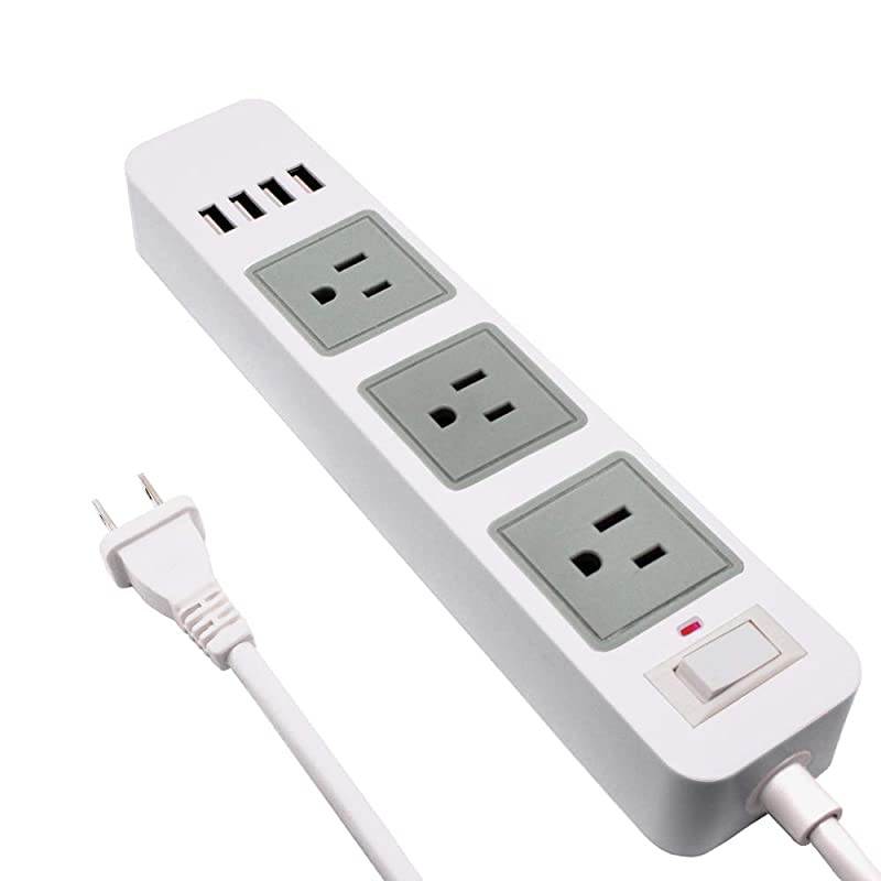 Strip White USB Strip with 2 Prong 66ft Extension Cord 3 AC Outlet Flat Plug Surge Protector for Workbench Nightstand Home Office and Hotel