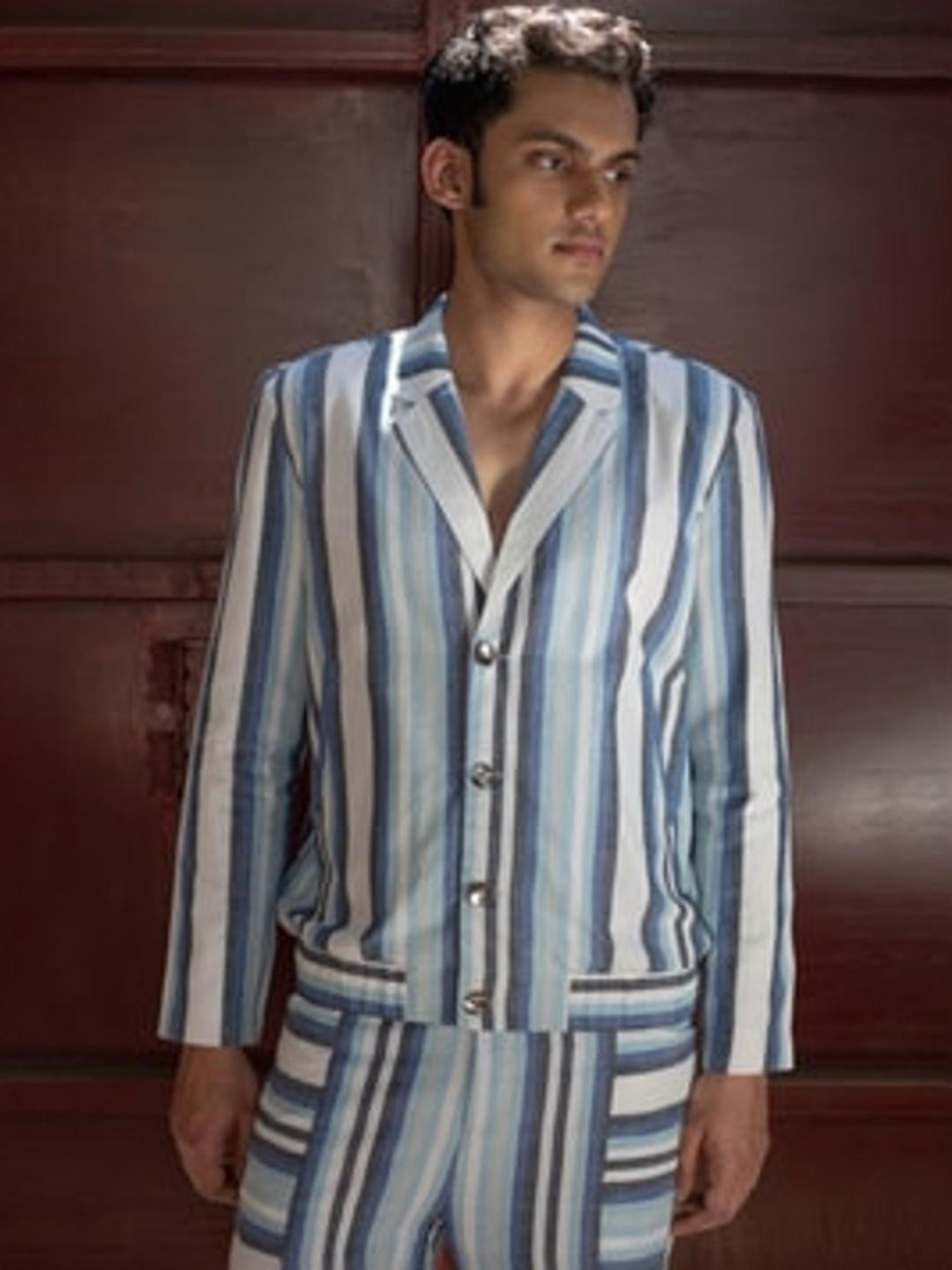 Anushe Pirani Blue & White Fika Buttoned Bomber Jacket