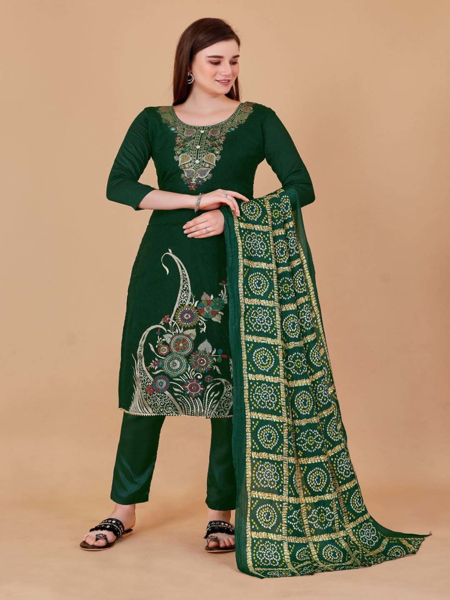 APNISHA Green Cotton Woven Pattern Unstitched Dress Material