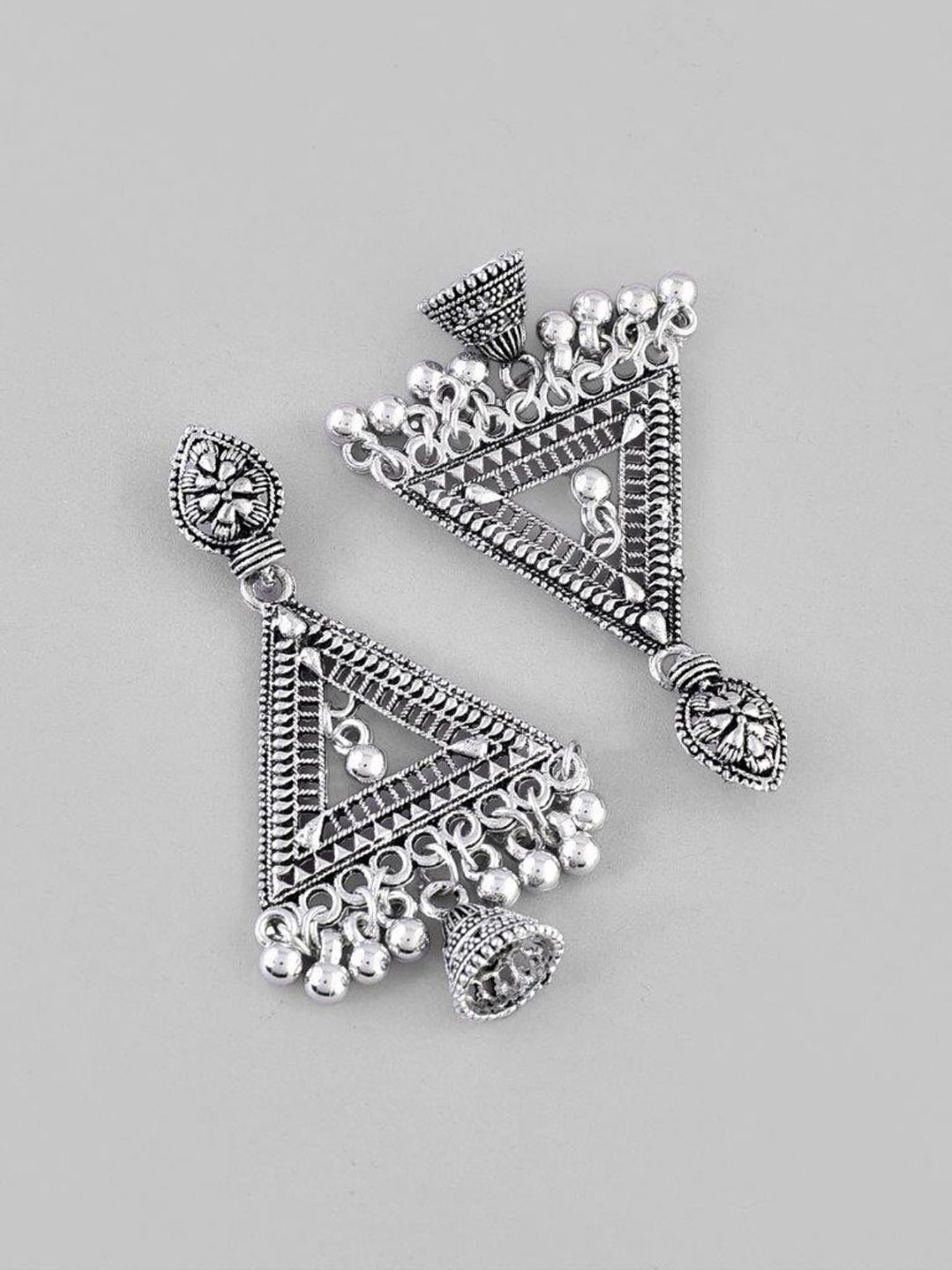 VOJ Studded Triangle Oxidised Silver Plated Contemporary Drop Earrings for Women