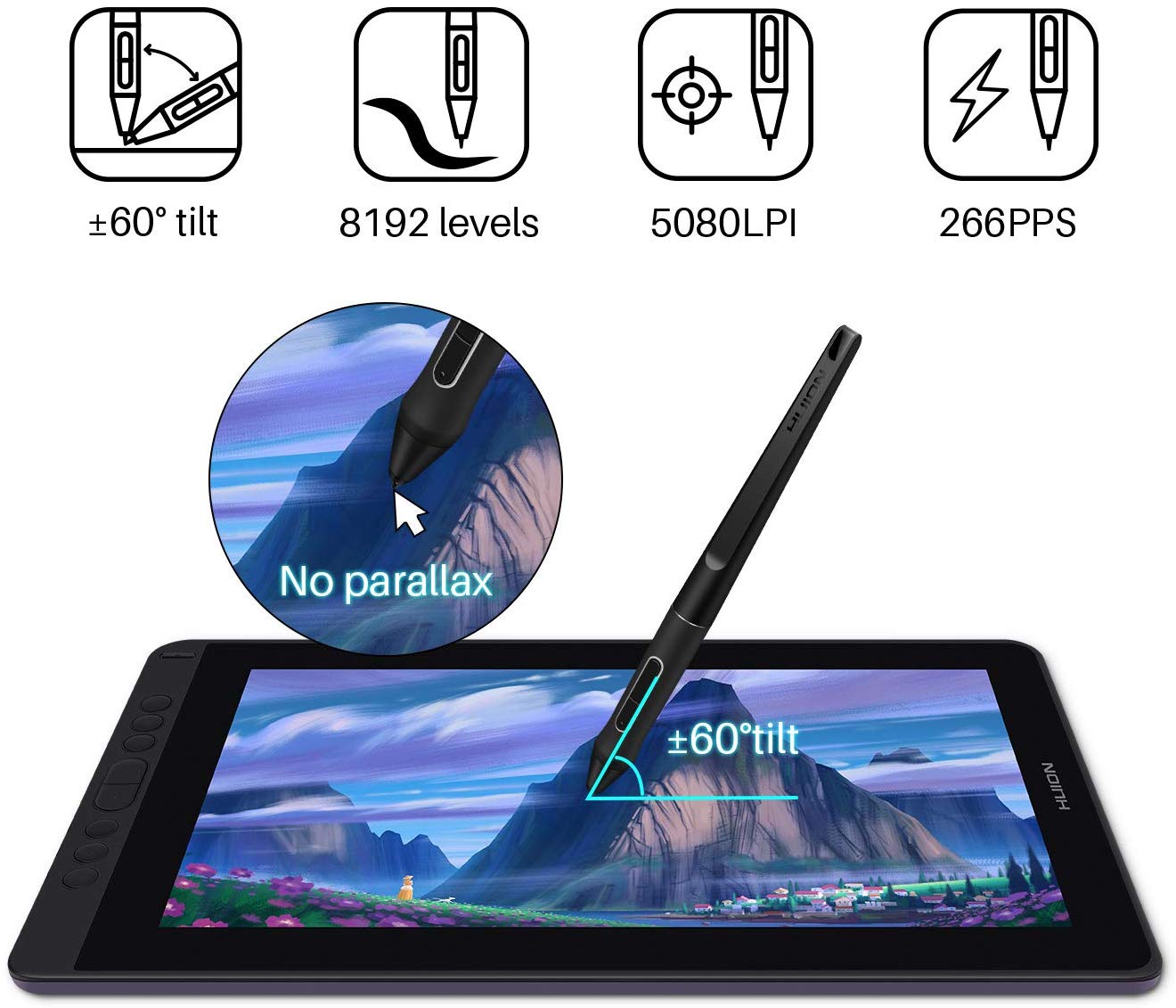 Huion Kamvas 13 Pen Display 2-in-1 Graphics Drawing Tablet with Screen Full-Laminated, Battery-Free Tilt Function 8192 Pen Pressure and 8 Shortcut Keys, Stand Included, Purple