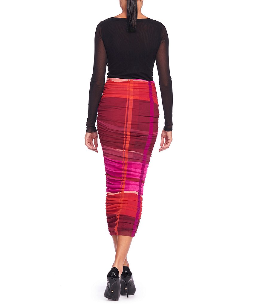 FUZZI Tulle Mesh Plaid Convertible Ruched Midi Pencil Skirt