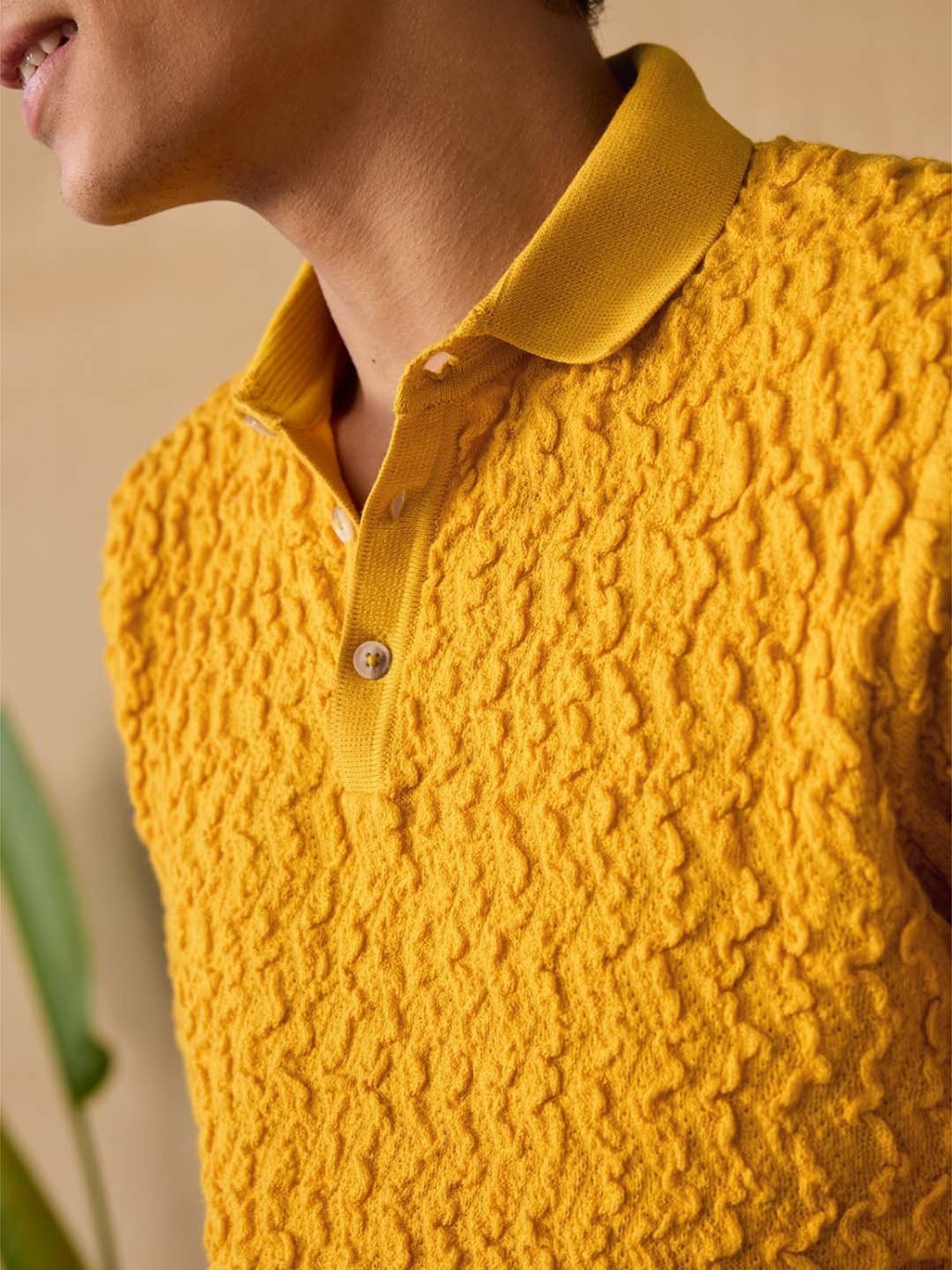 Andamen Yellow Cotton Regular Fit Self Pattern Polo T-Shirt