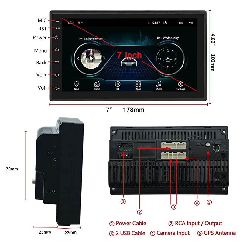 Double Din Car Stereo with GPS Navigation Bluetooth FM Radio Reciever 7 Inch Capacitance Touch Screen Support WiFi Connect Mirror Link for iOS Phones + Dual USB Cable Backup Camera