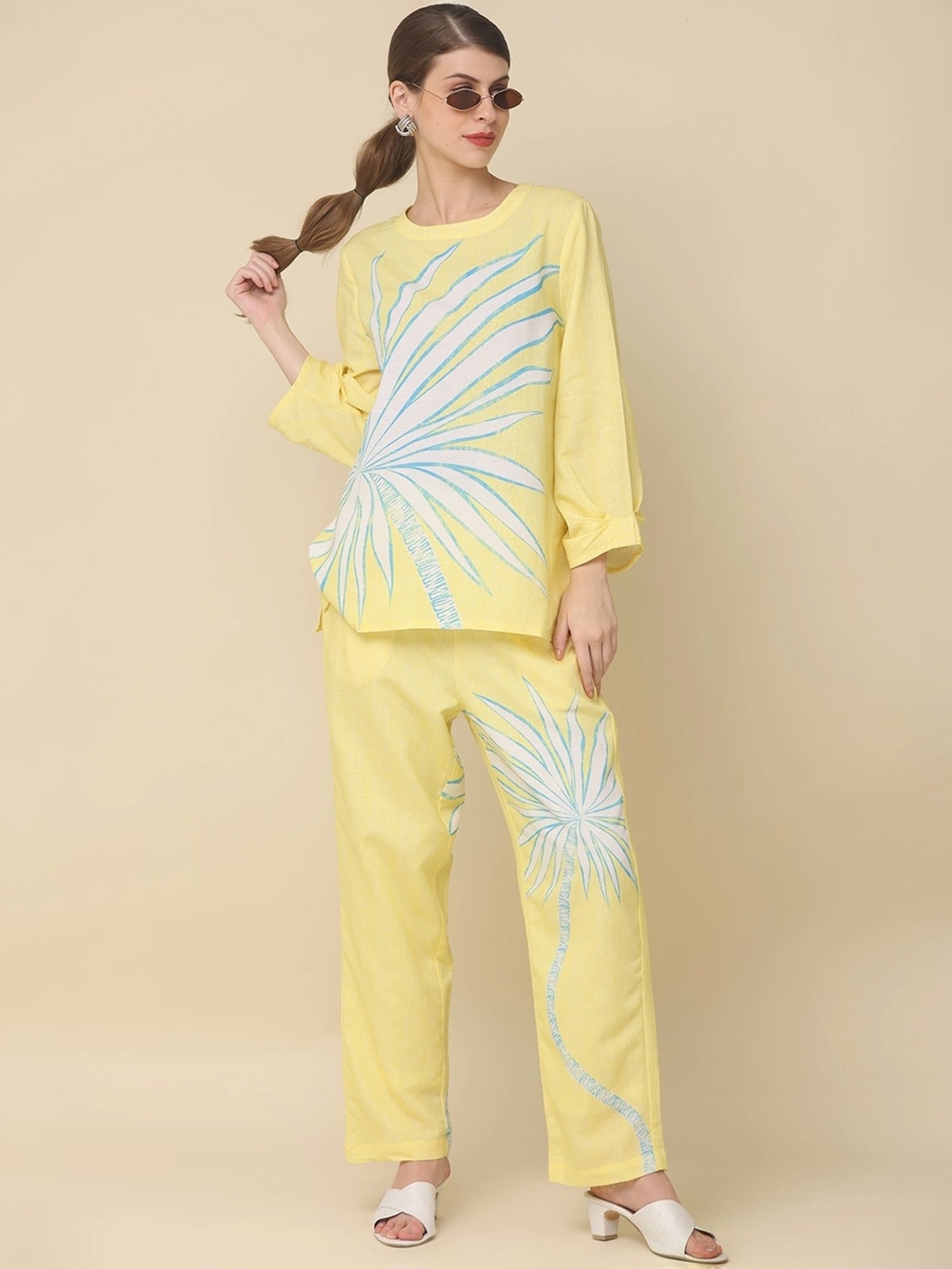 Zolo Label Yellow Cotton Printed Top Pant Set