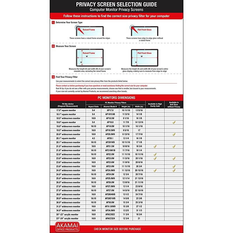 Akamai Computer Privacy Screen 169 Black Security Shield Desktop Monitor Protector UV Blue Light Filter inch Diagonally Measured Black
