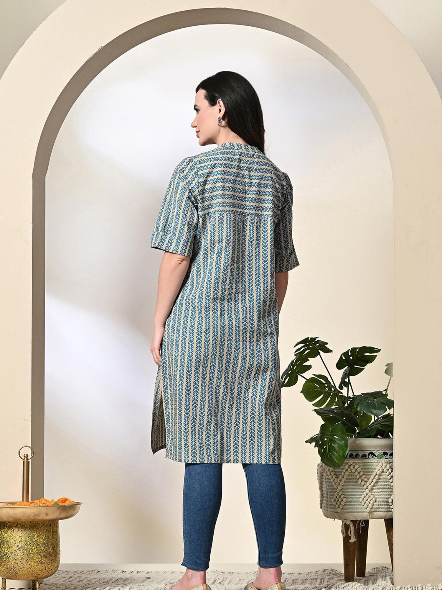 DECKEDUP Teal & Beige Cotton Printed Kurta