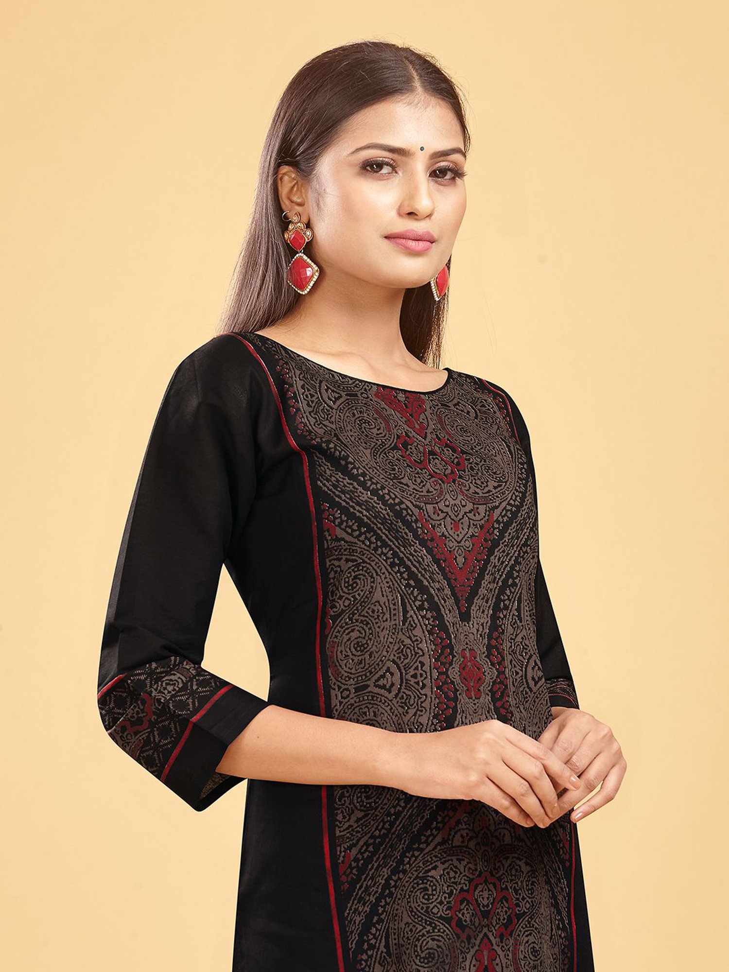 SHANVIKA Black Printed Cotton Straight Kurta