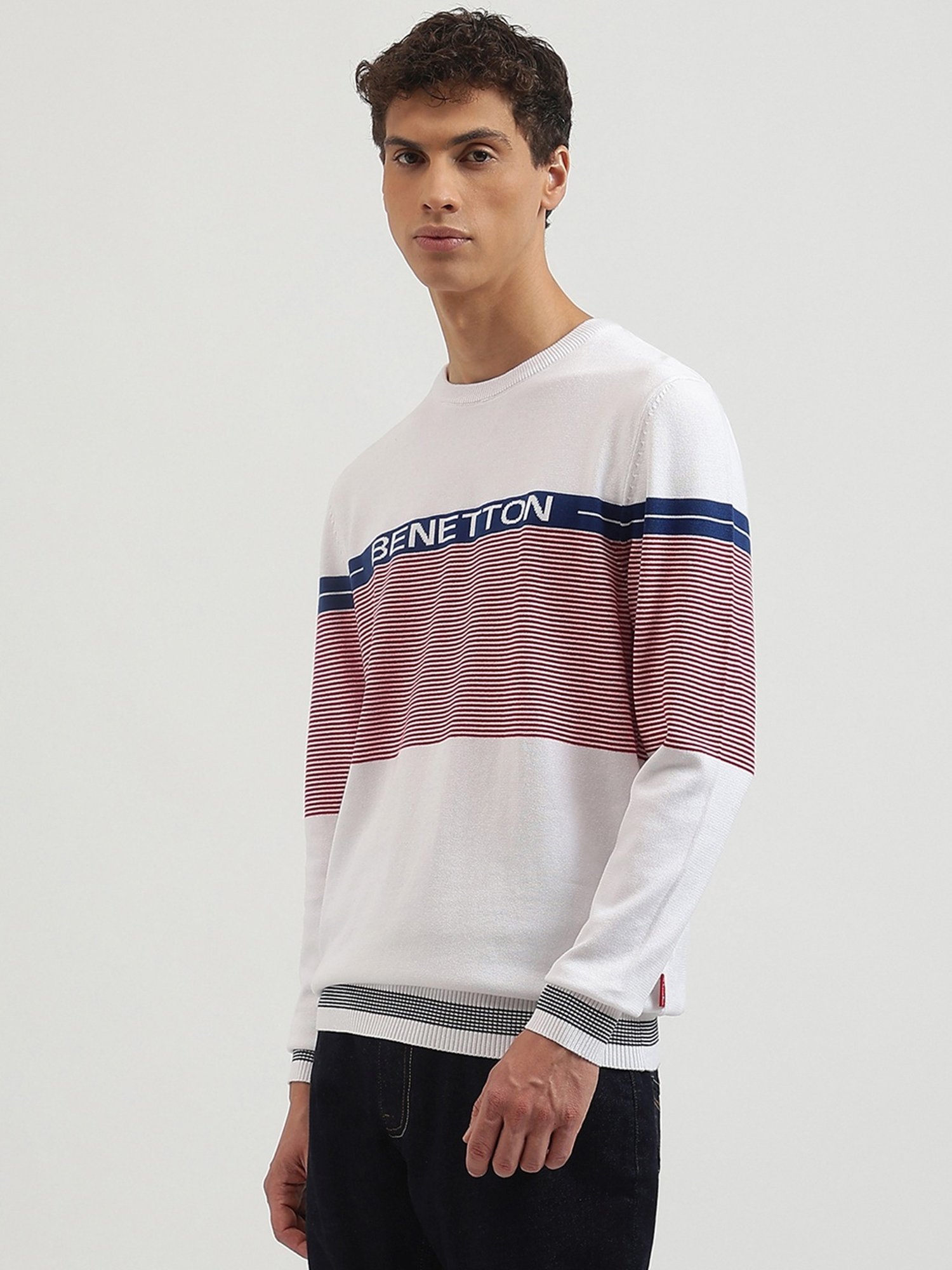 United Colors Of Benetton White Regular Fit Striped Sweater