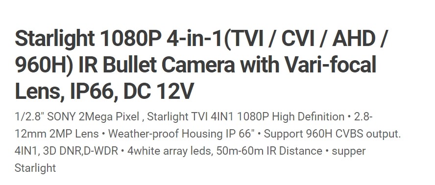 Eyemax TIR-1262VSL-B HD-TVI 1080P Outdoor Bullet Camera, 2.8-12mm, 12V DC Super Starlight