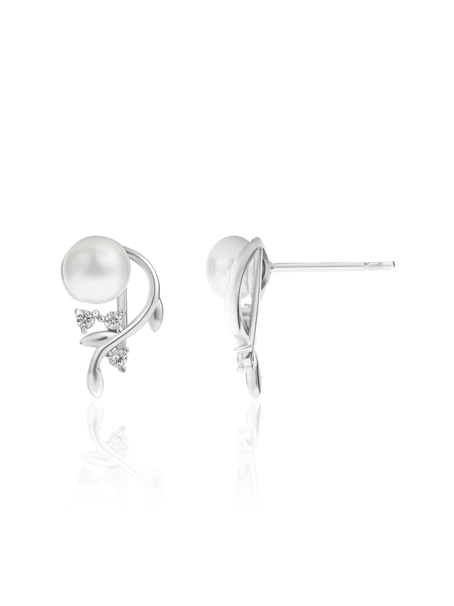 March by FableStreet 92.5 Sterling Silver Freshwater Pearl Zircon Studded Leaf Earrings for Women
