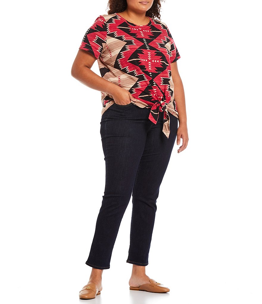 Lauren Ralph Lauren Plus Size Southwestern Print Tie Waist Crew Neck Short Sleeve Jersey Tee