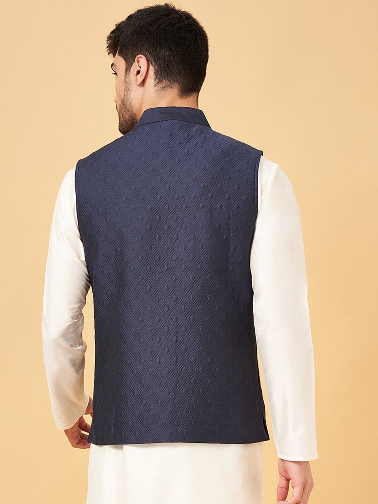 Indus Route By Pantaloons Navy Regular Fit Self Pattern Nehru Jacket