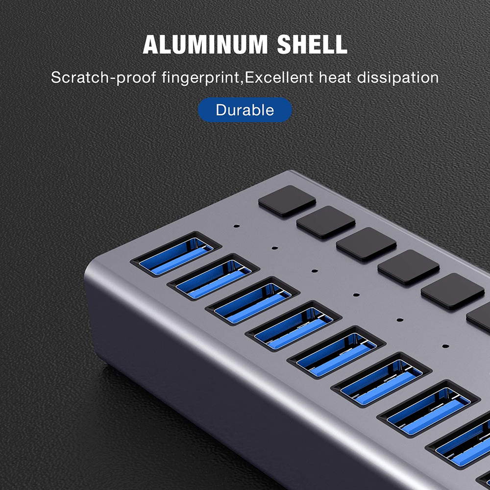 Powered USB Hub - 10 Ports 48W USB 3.0 Data Hub - with Individual On/Off Switches and 12V/4A Power Adapter USB Hub 3.0 Splitter for Laptop, PC, Computer, Mobile HDD, Flash Drive and More