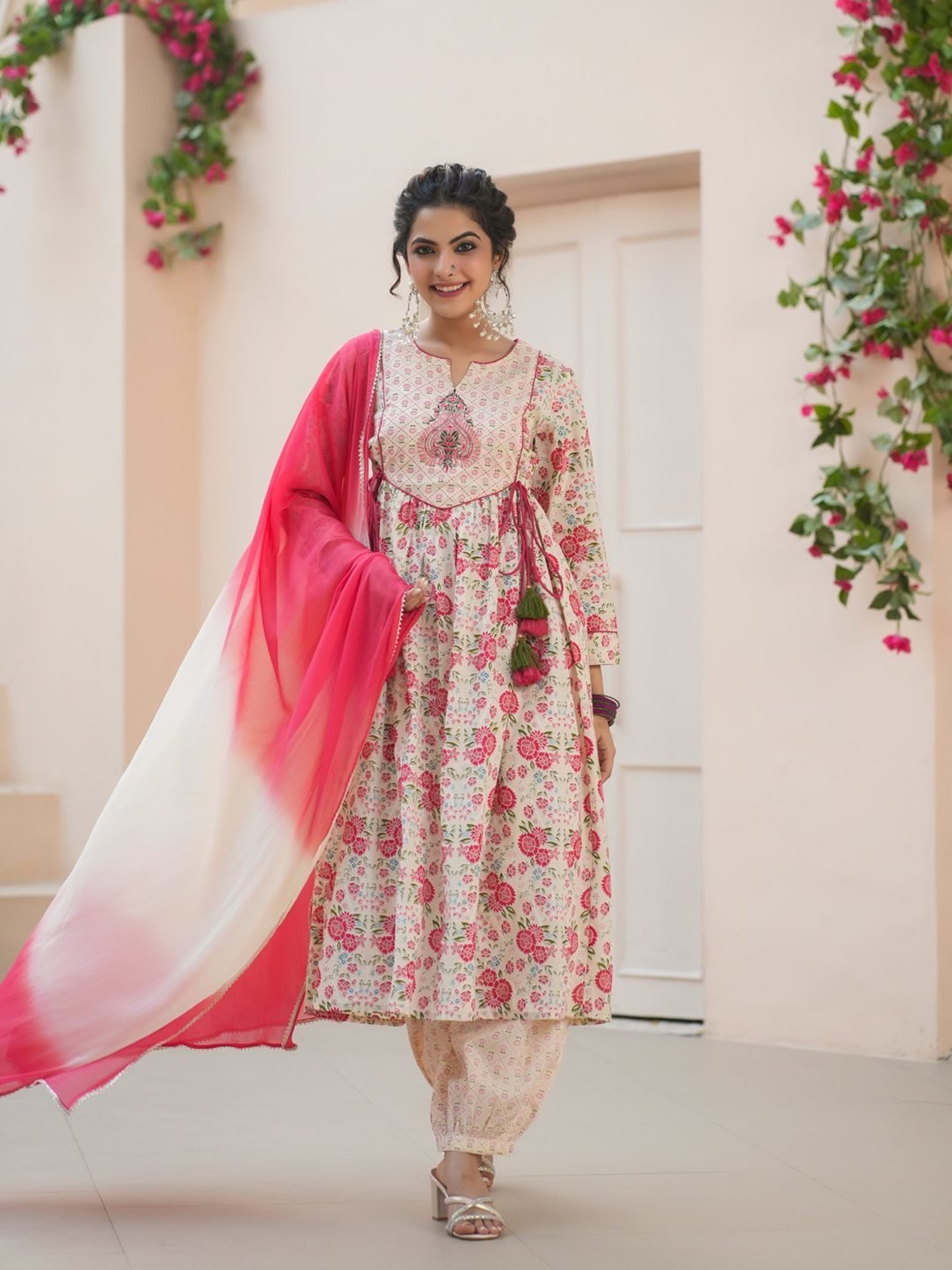 Rain and Rainbow Cream Cotton Embroidered Kurta & Salwar Set With Dupatta