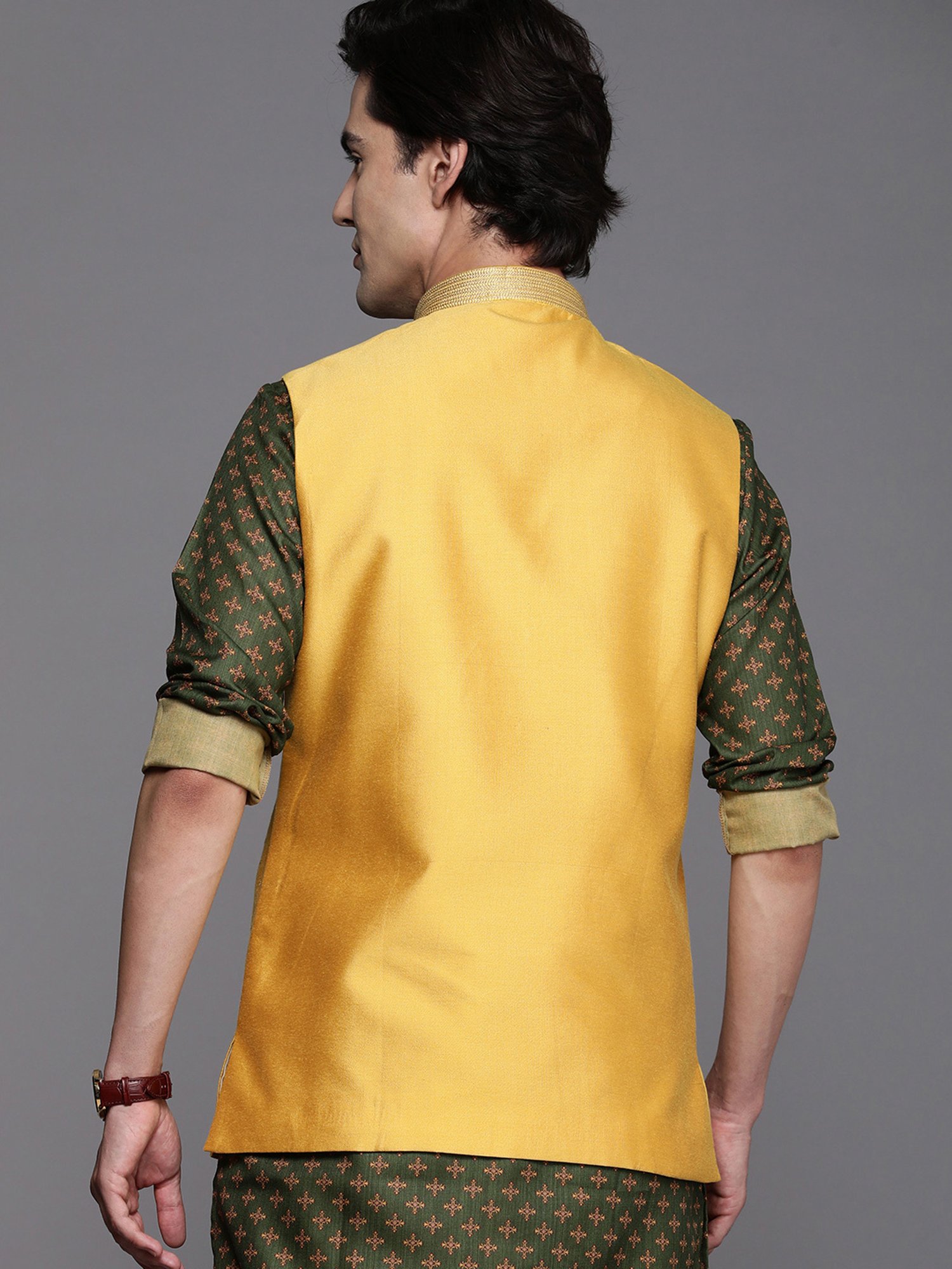 Manyavar Mustard Regular Fit Printed Nehru Jacket
