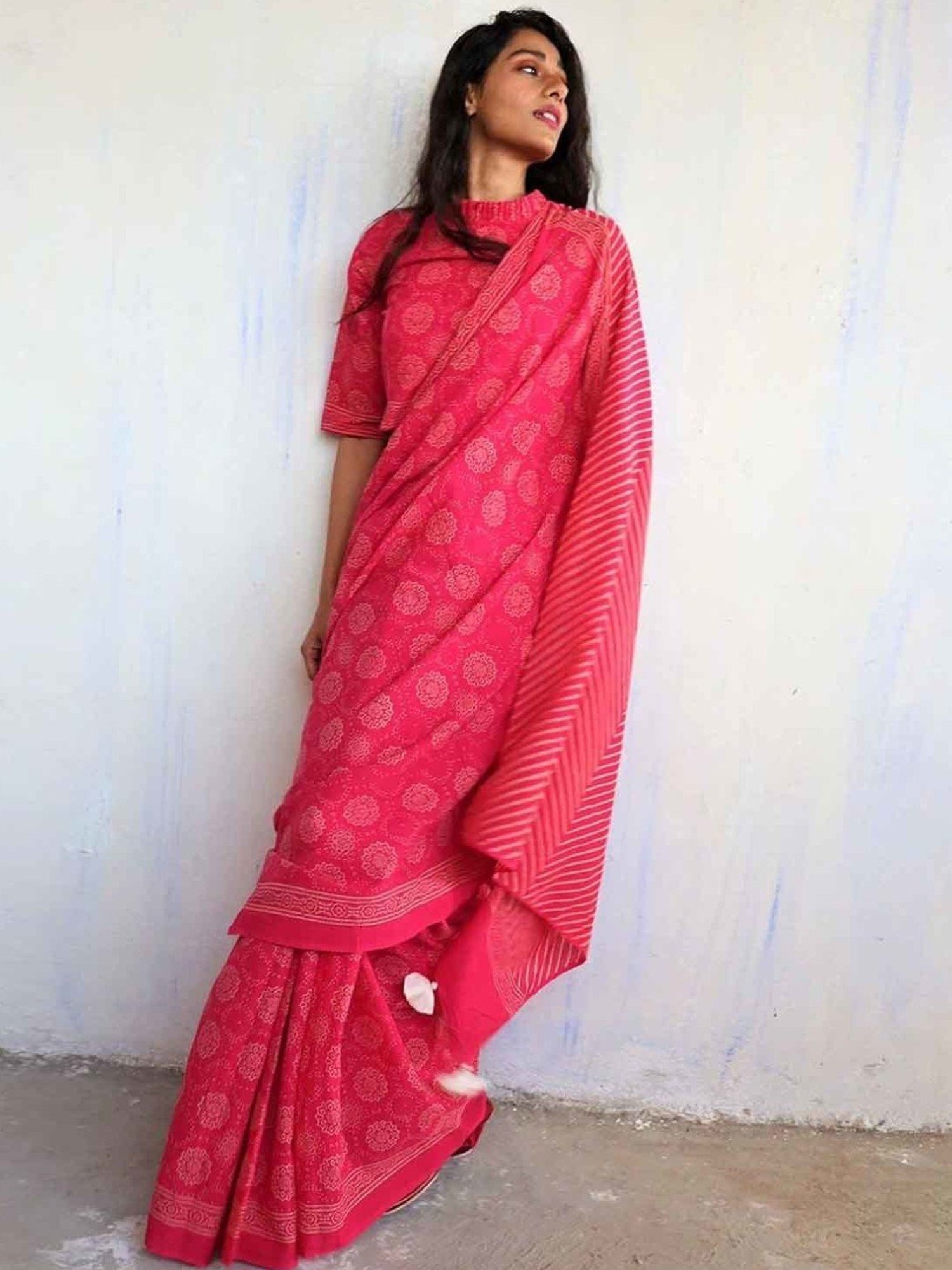 Chidiyaa Rani Pink Block Printed Cotton Mulmul Saree - Butterfly Girls