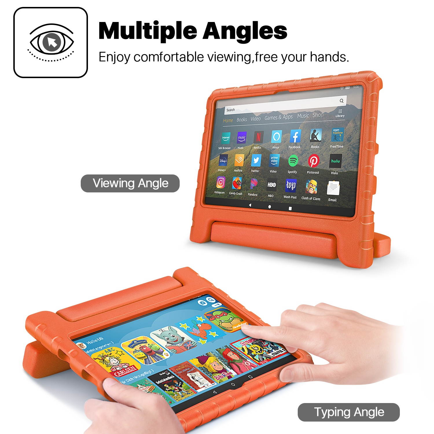 Shock Proof Case for All New Fire HD 8 Tablet (7th Gen, 2017 Release) - For Kid Friendly Child Proof Anti Slip Impact Drop Light Weight Convertible Handle Stand Cover Protective Case (Orange)