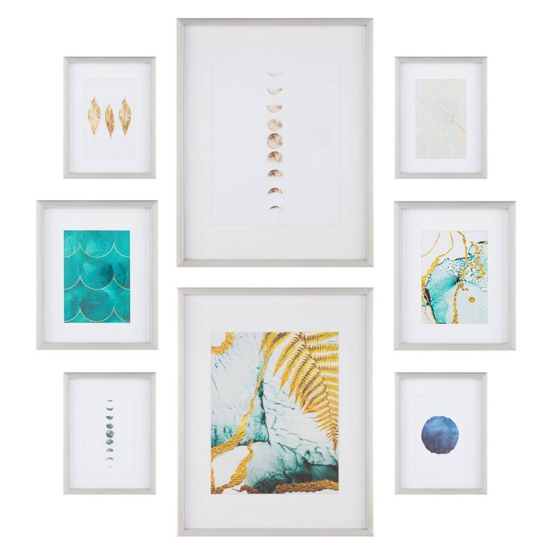 8pc Gallery Wall Frame Set with Decorative Art Prints and Hanging Template Silver - Gallery Solutions