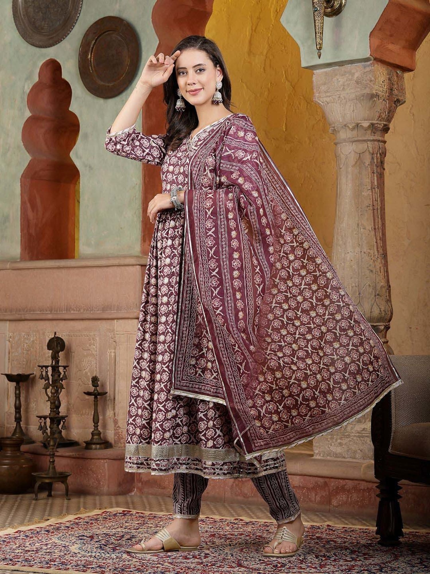 Stylum Purple Printed Kurta Pant Set With Dupatta
