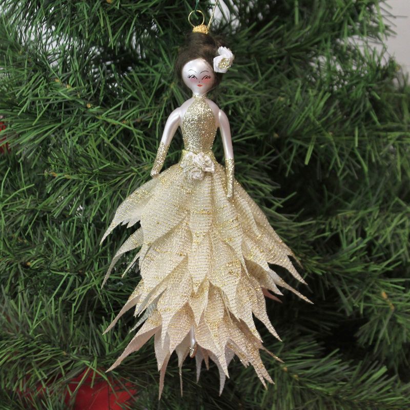 Italian Ornaments 8.0" Woman In Long Gold Petal Dress Ornament Woman Elegant Couture  -  Ornament Sets