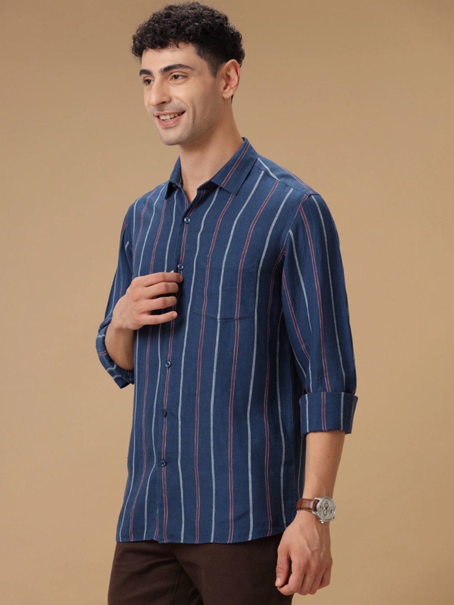 Linen Club Navy Linen Contemporary Fit Striped Shirt