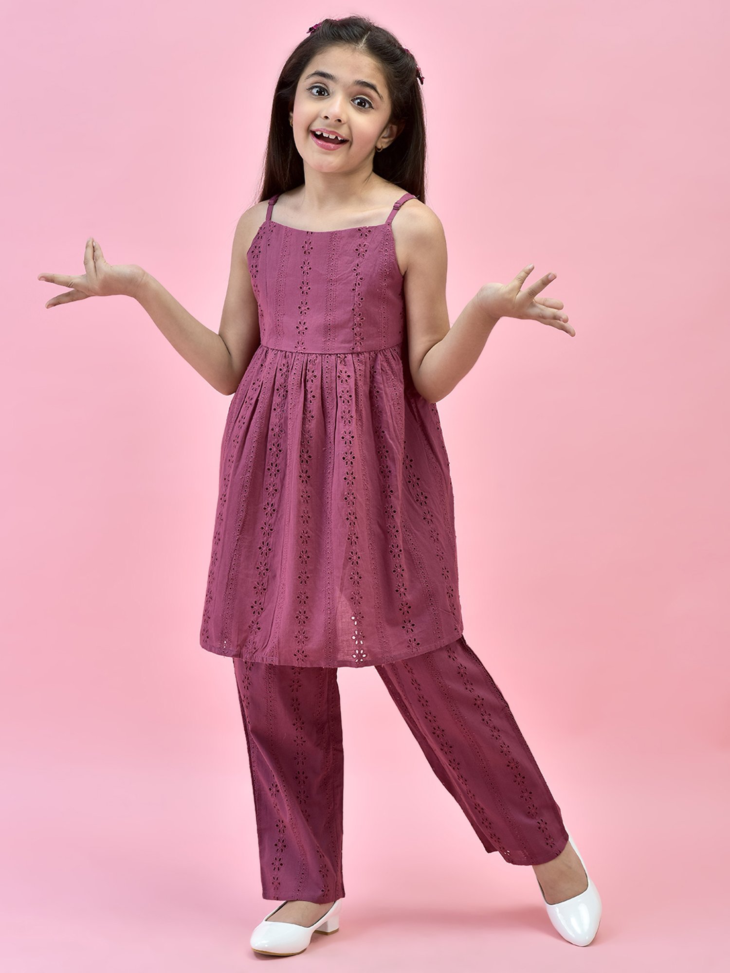 Juniper Girls Wine Self Design Kurta With Pants
