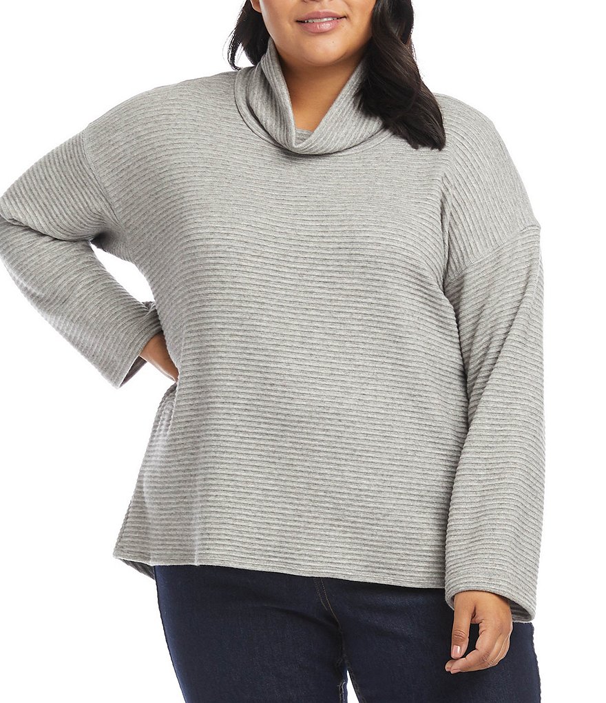 Karen Kane Plus Size Ribbed Knit Funnel Neck Long Sleeve Drop Shoulder Sweater