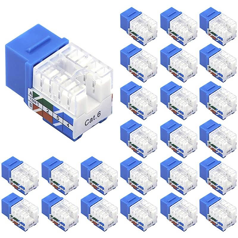 25-Pack RJ45 Cat6 Keystone Jack 90 Degree Insert, Punch Down Keystone Jack Adapter-Blue UL Listed